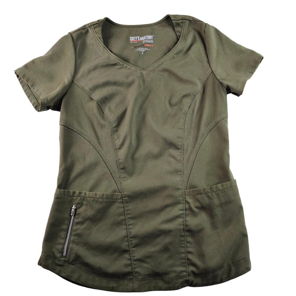 Greys Anatomy V Neck Scrub Top Women‎ Size S Olive Green Spandex Stretch